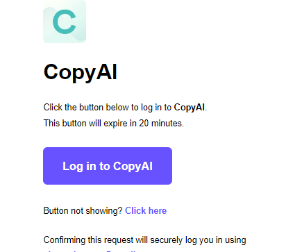 a screenshot of copyai login email