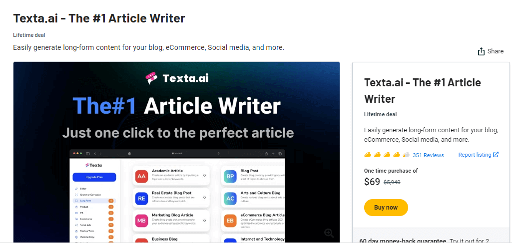 texta ai lifetime deal appsumo page