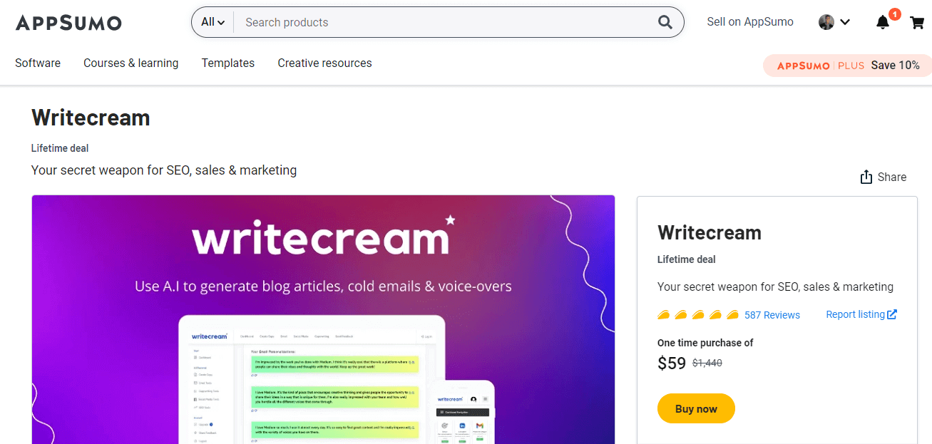 writecream lifetime deal on appsumo