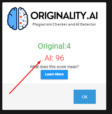 result of ai content checking with originalityai