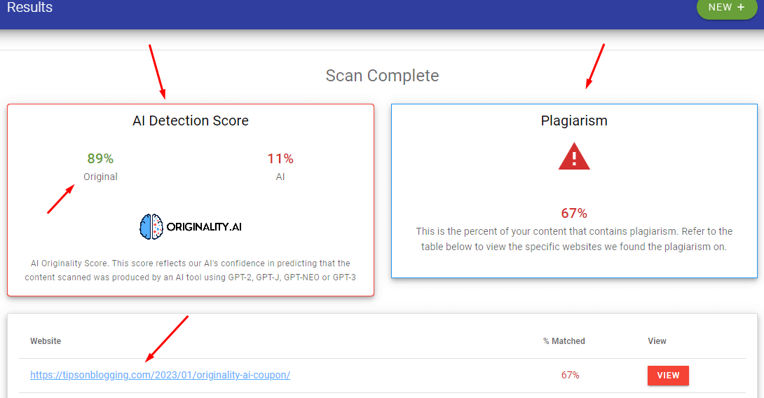 scan result of originality ai for plagiarism