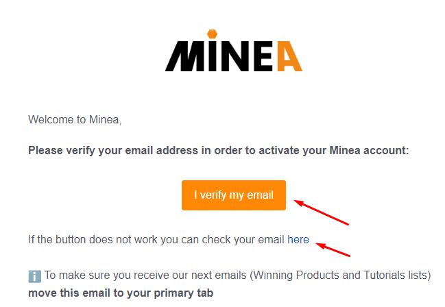 verification email to activate free account on minea