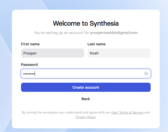 Account sign up page for synthesia
