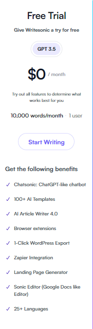 Writesonic pricing for free trial