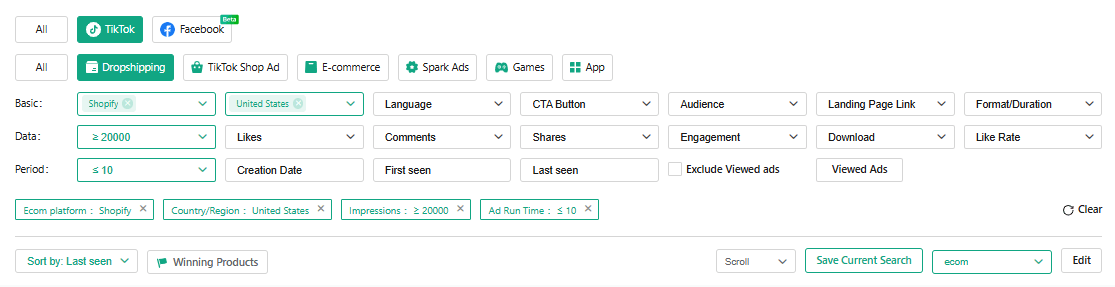 pipiads search filter to find winning products