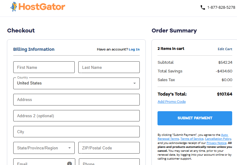 hostgator checkout page