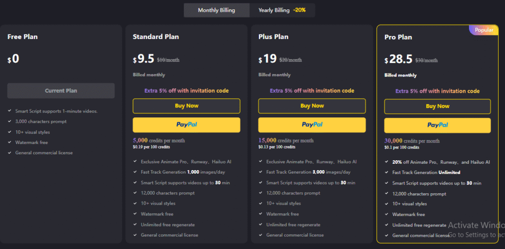magic light AI pricing plans