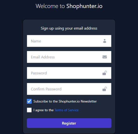 shophunter.io registration page shophunter.io registration page