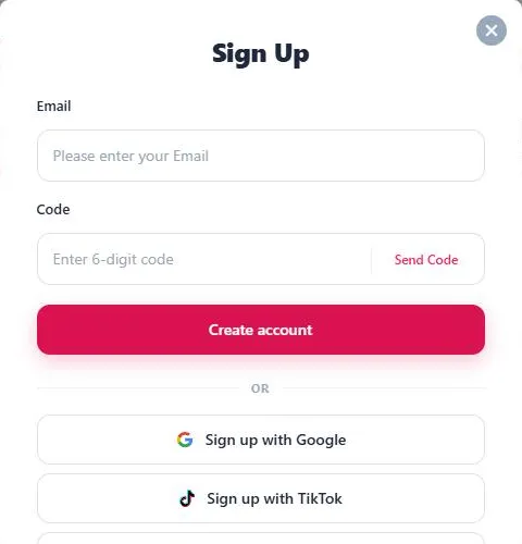 FastMoss sign up form with email, Google, TikTok and mobile options