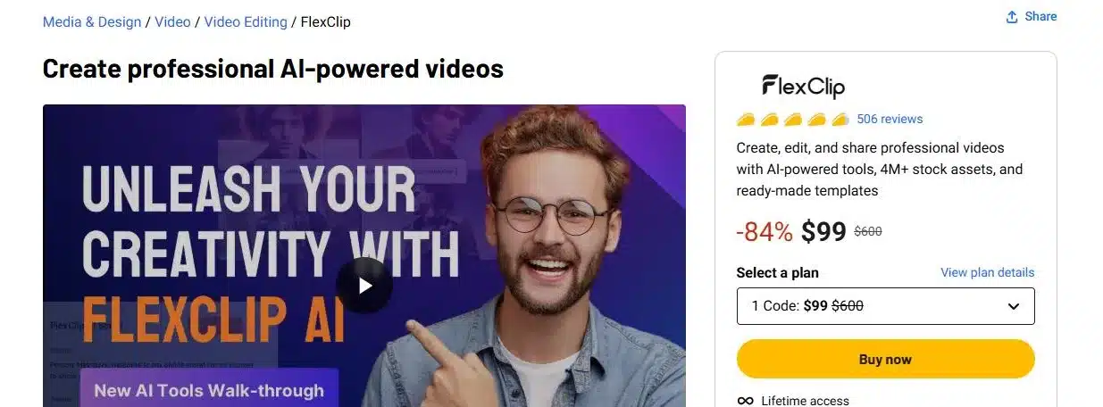 FlexClip AI video editor lifetime deal on AppSumo
