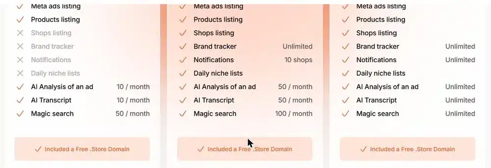 Minea plan features comparison: Starter vs Premium vs Business