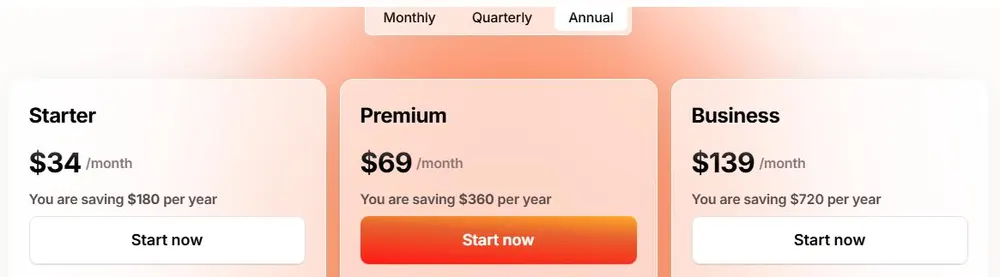 Minea annual pricing 2026: Starter $34, Premium $69, Business $139 per month