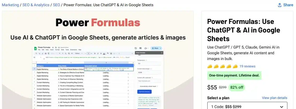 Power Formulas lifetime deal on AppSumo: ChatGPT, Claude and Gemini in Google Sheets