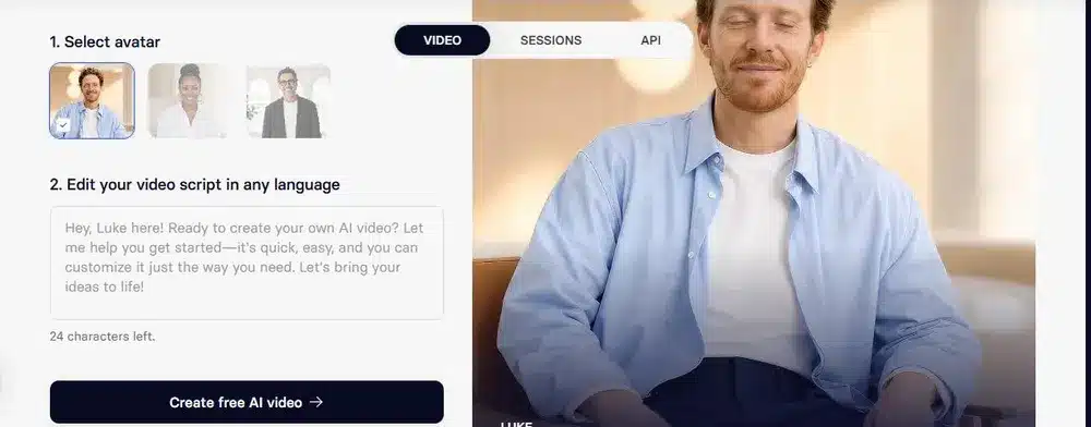 Synthesia free AI video: select avatar and type your script