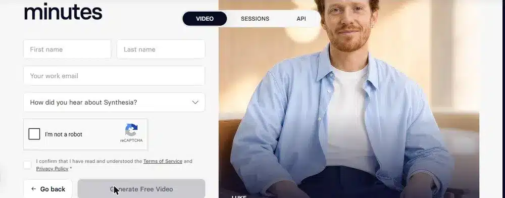 Synthesia free video form: name, email and Generate Free Video