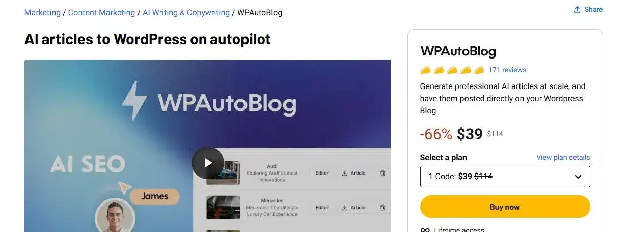 WPAutoBlog lifetime deal on AppSumo